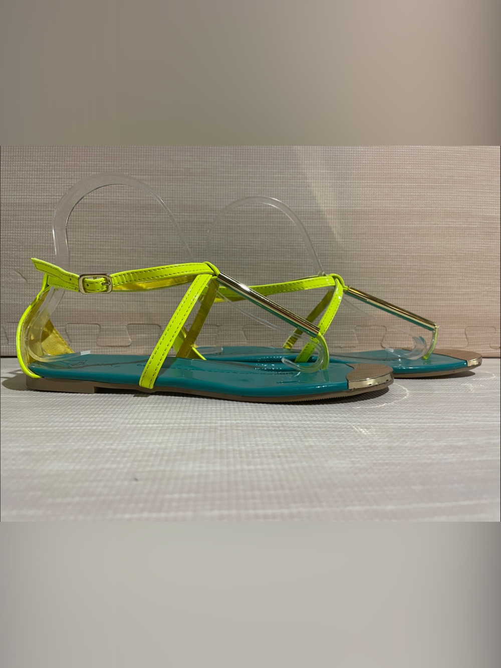 Qupid Neon Yellow and Teal Strappy Flat Sandals - Picture 2 of 8